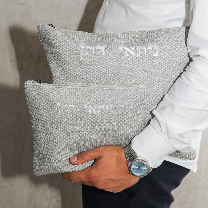סט כיסויים טלית תפילין | צבע אפור דמוי פשתן