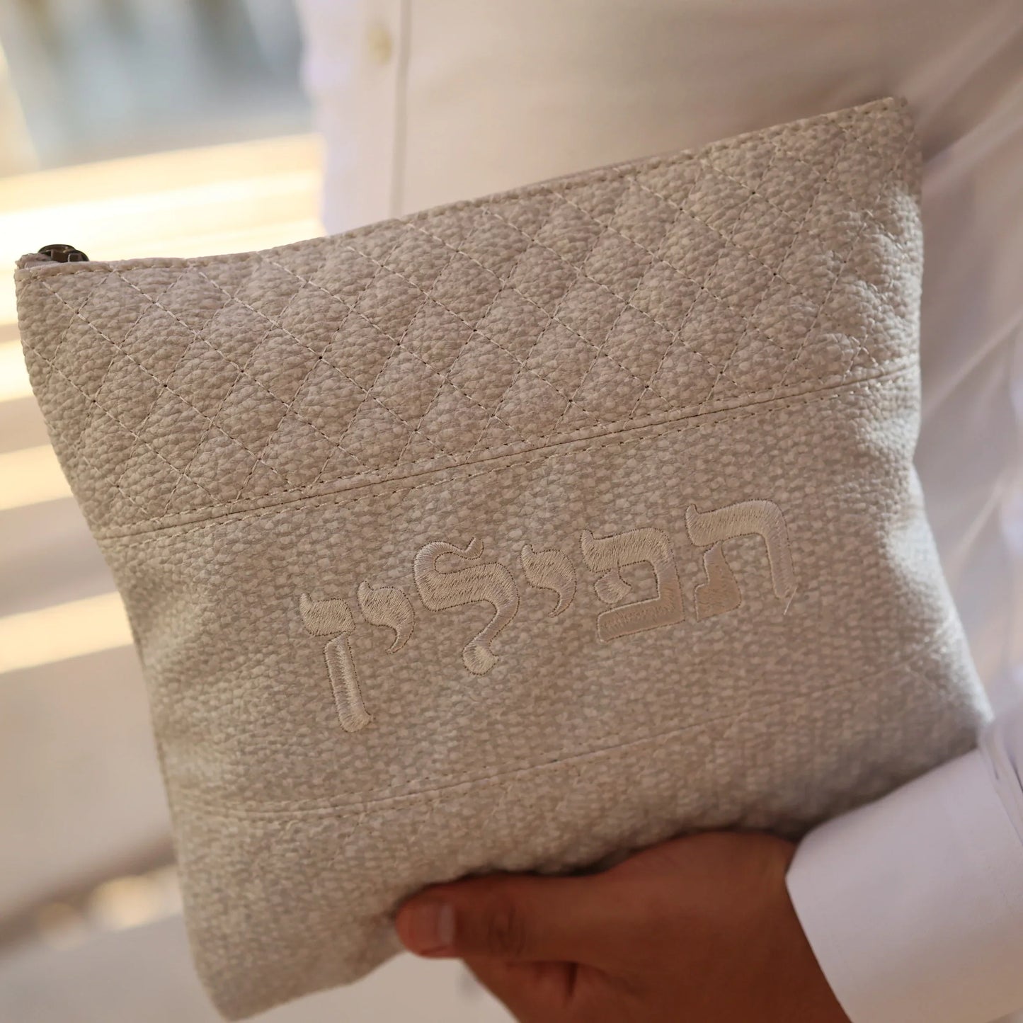 סט כיסויים לטלית ולתפילין יוקרתי בז במראה פשתן