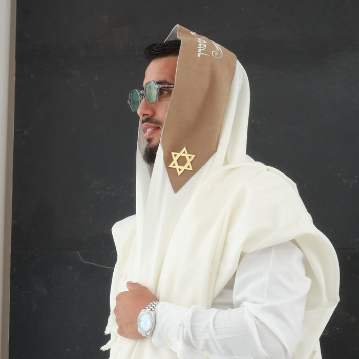 טלית צמר Premium | דגם חום בהיר חיתוך בלייזר