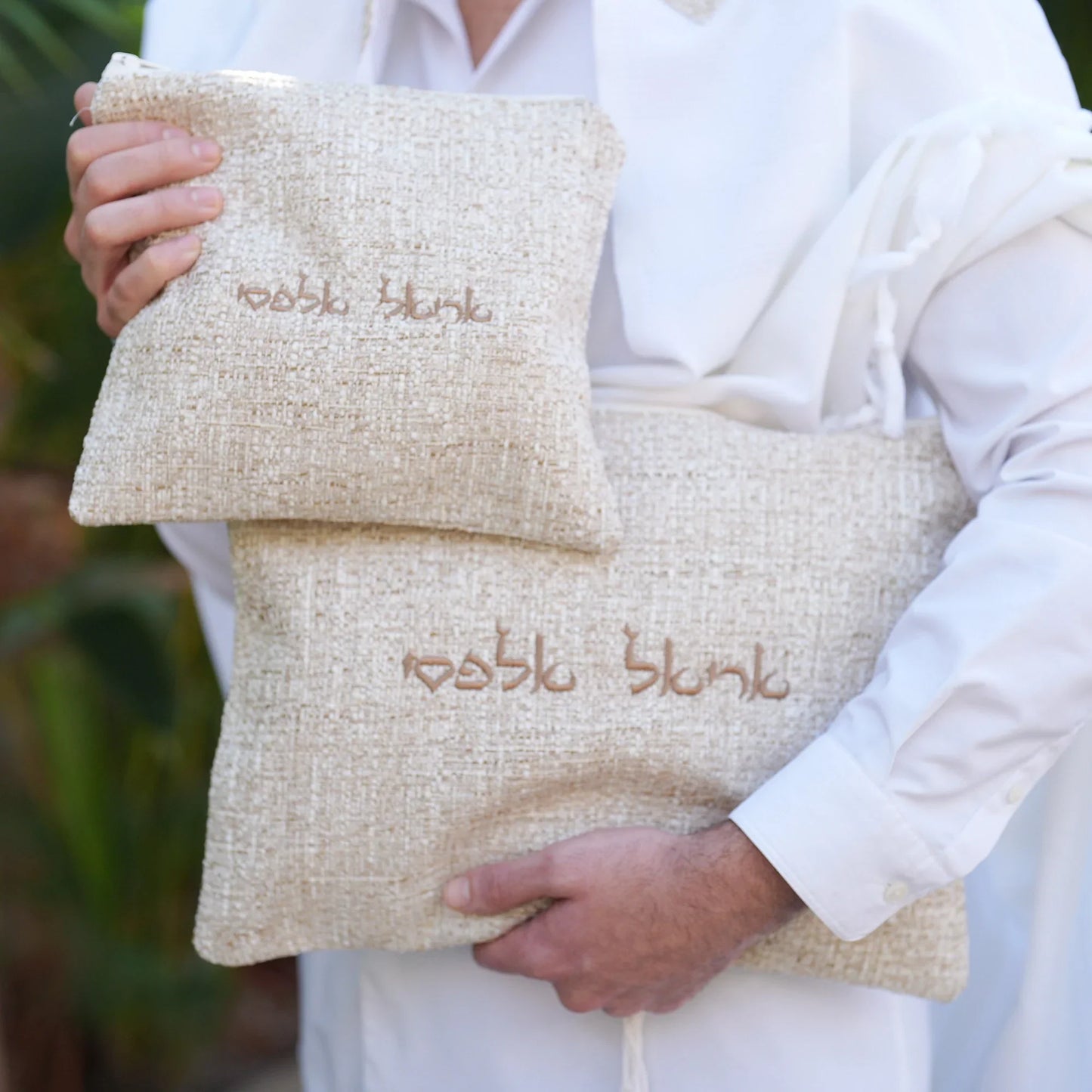 מארז לחתן פשתן חום בהיר כיסויים וטלית צמר Premium