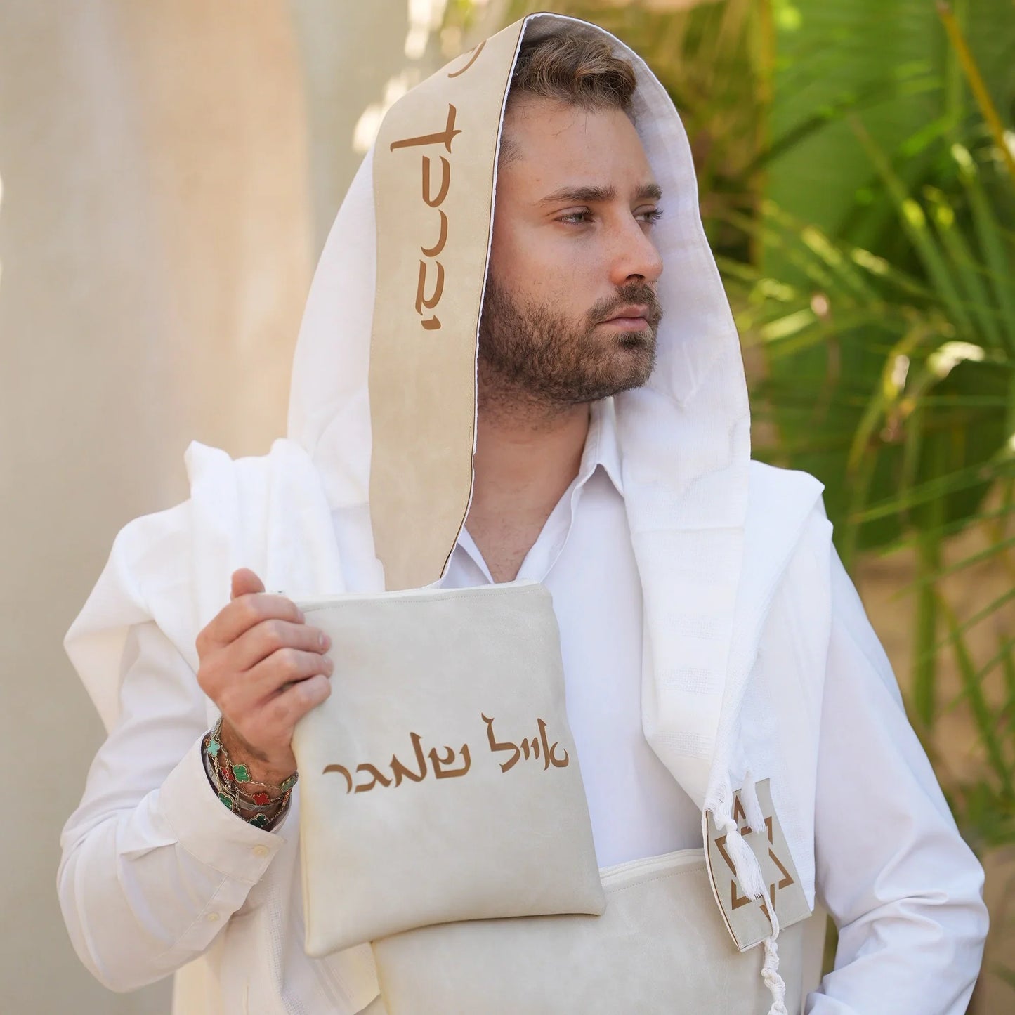 מארז לחתן יברכך דמוי עור בז כיסויים וטלית צמר Premium