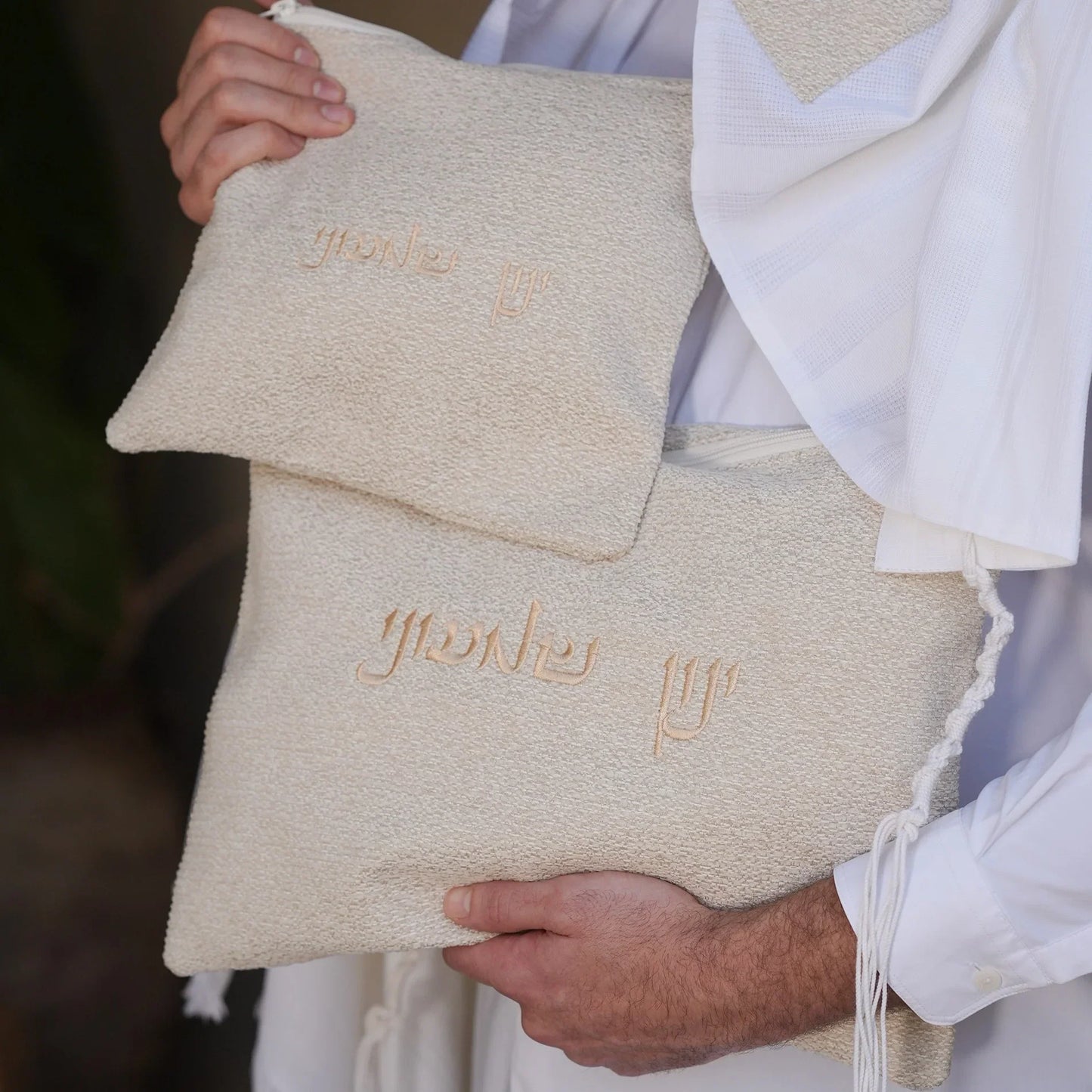 סט כיסויים לטלית ולתפילין יוקרתי פשתן בז עתיק