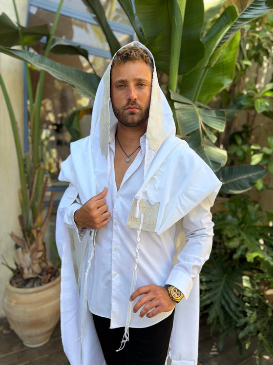 טלית צמר Premium | דגם מזמור לתודה אבן בהיר קטיפה בחיתוך לייזר