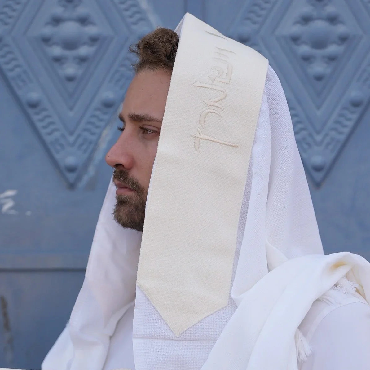 מארז לחתן פשתן בז בהיר כיסויים וטלית צמר Premium