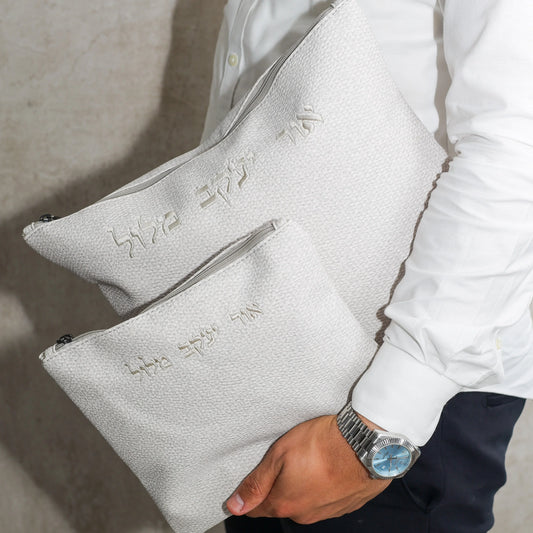 סט כיסויים לטלית ולתפילין דמוי פשתן | צבע בז בהיר