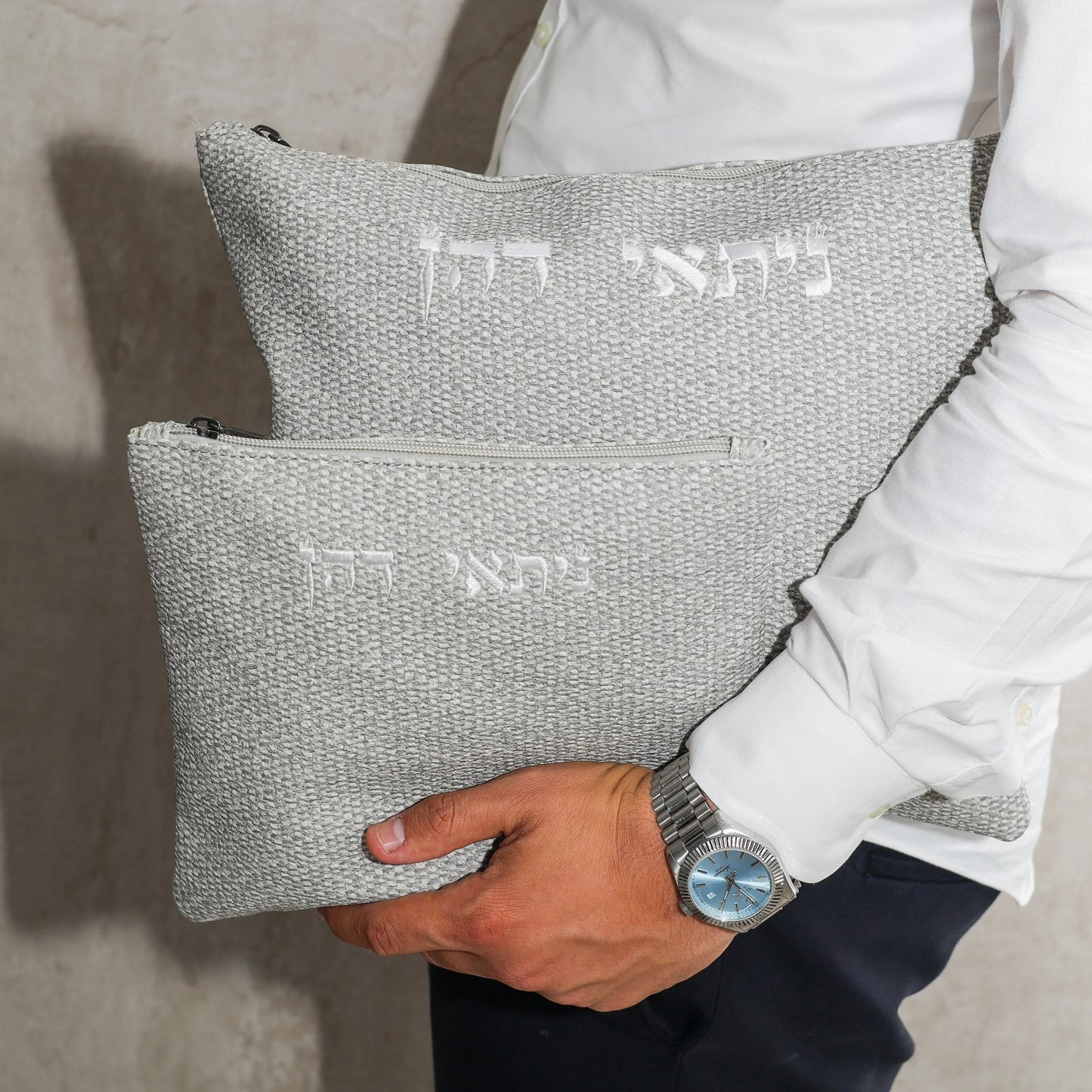 סט כיסויים לטלית ולתפילין | צבע אפור דמוי פשתן