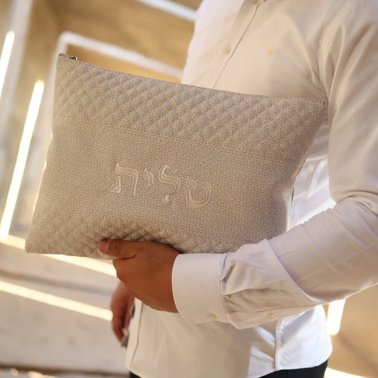 סט כיסויים לטלית ותפילין עשויים פשתן בצבע בז' איכותי