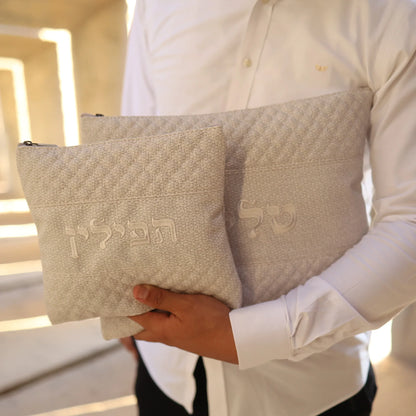 סט כיסויים לטלית ולתפילין בז' דגם פשתן