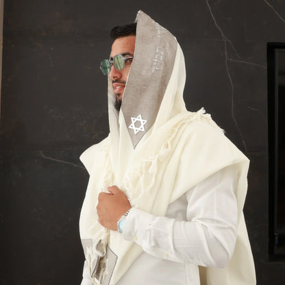 טלית צמר Premium | דגם אפור חיתוך לייזר