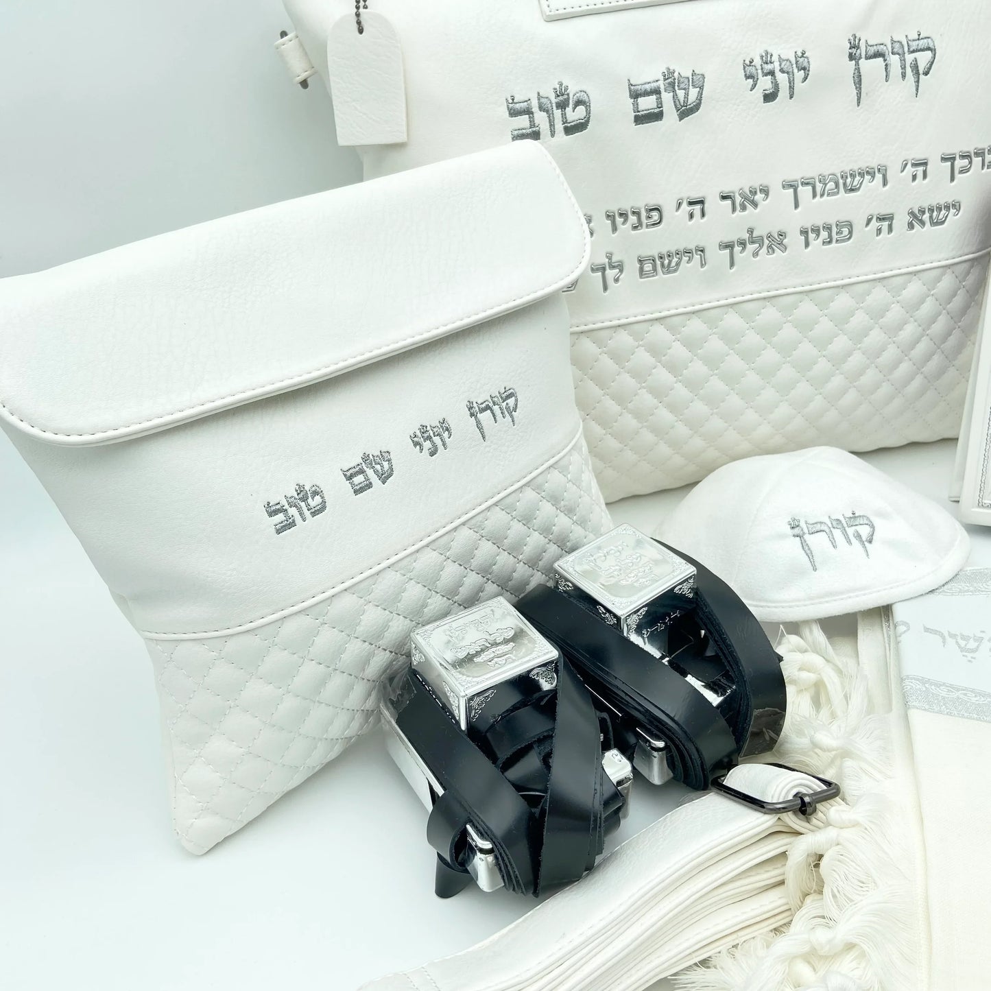 סט לבר מצווה ברכת כהנים לבן כסף -תפילין בהמה דקה