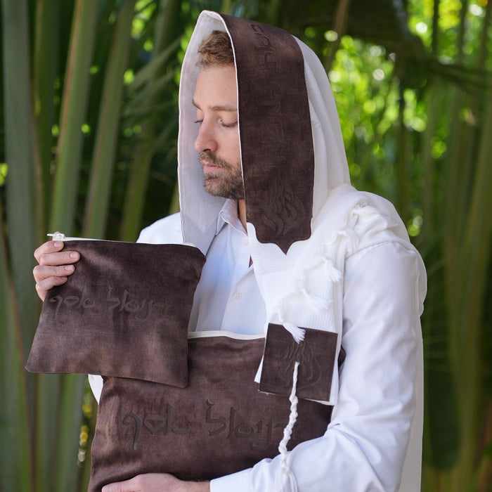 מארז לחתן האש שלי קטיפה חום כהה כיסויים וטלית צמר Premium