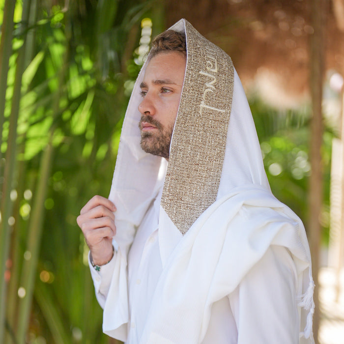 מארז לחתן פשתן חום כיסויים וטלית צמר Premium