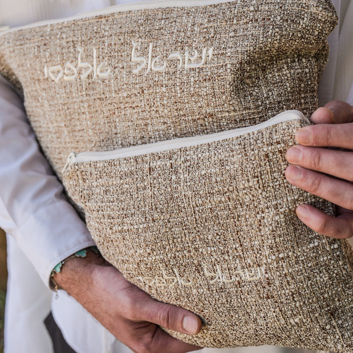 מארז לחתן פשתן חום כיסויים וטלית צמר Premium