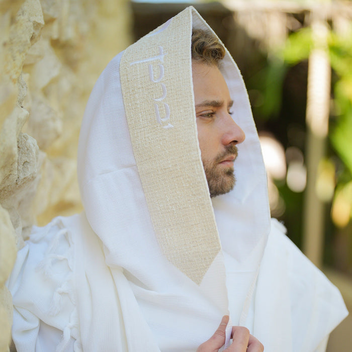 מארז לחתן פשתן בז כיסויים וטלית צמר Premium