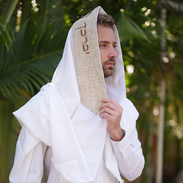 מארז לחתן פשתן חום בהיר כיסויים וטלית צמר Premium