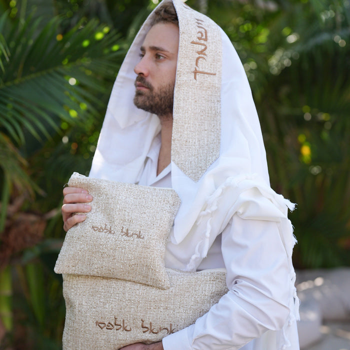 מארז לחתן פשתן חום בהיר כיסויים וטלית צמר Premium