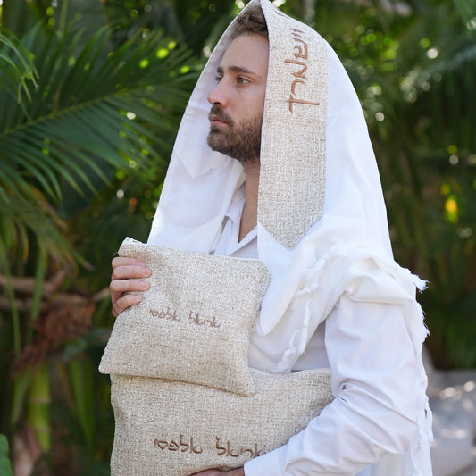 מארז לחתן פשתן חום בהיר כיסויים וטלית צמר Premium