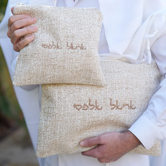 סט כיסויים לטלית ולתפילין יוקרתי פשתן חום בהיר