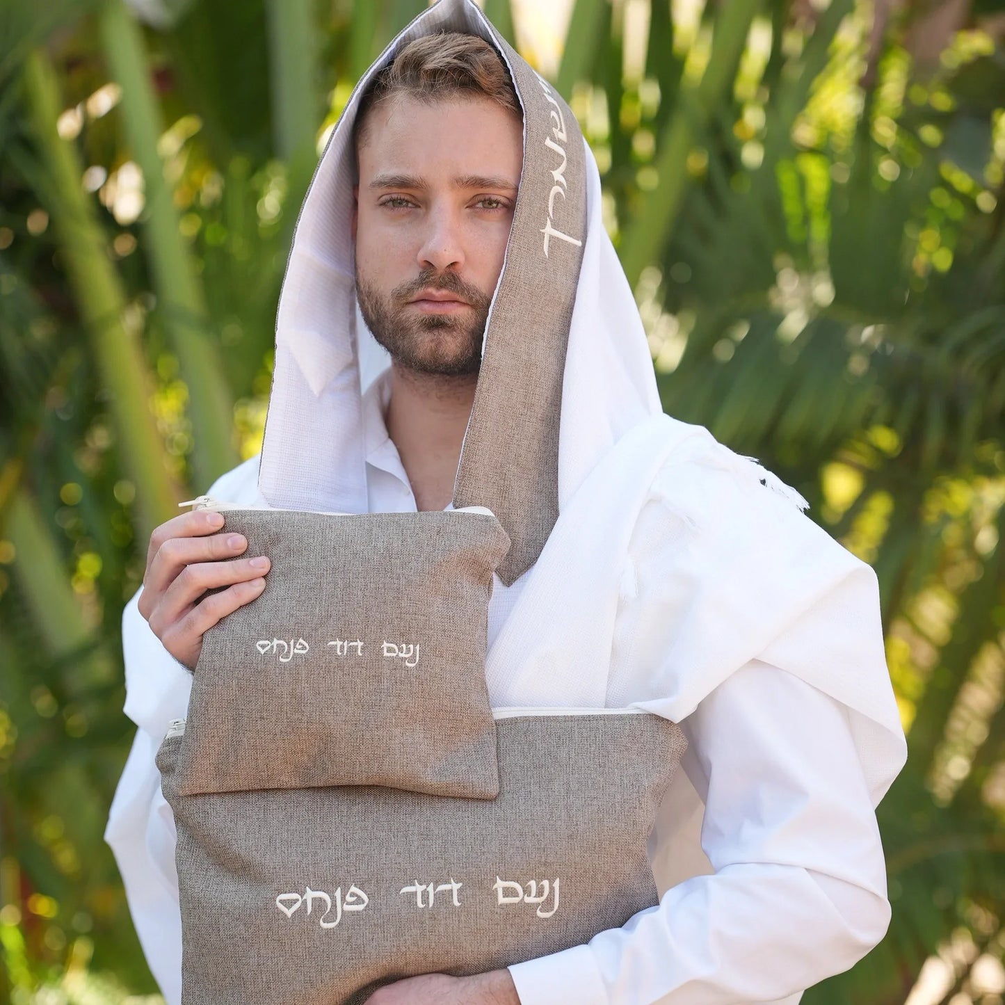 מארז לחתן פשתן חום כיסויים וטלית צמר Premium