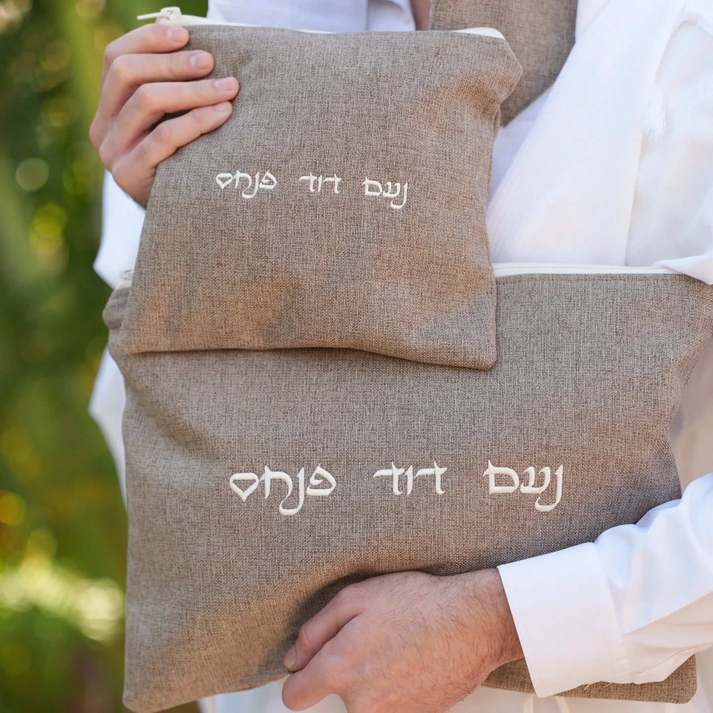 מארז לחתן פשתן חום כיסויים וטלית צמר Premium