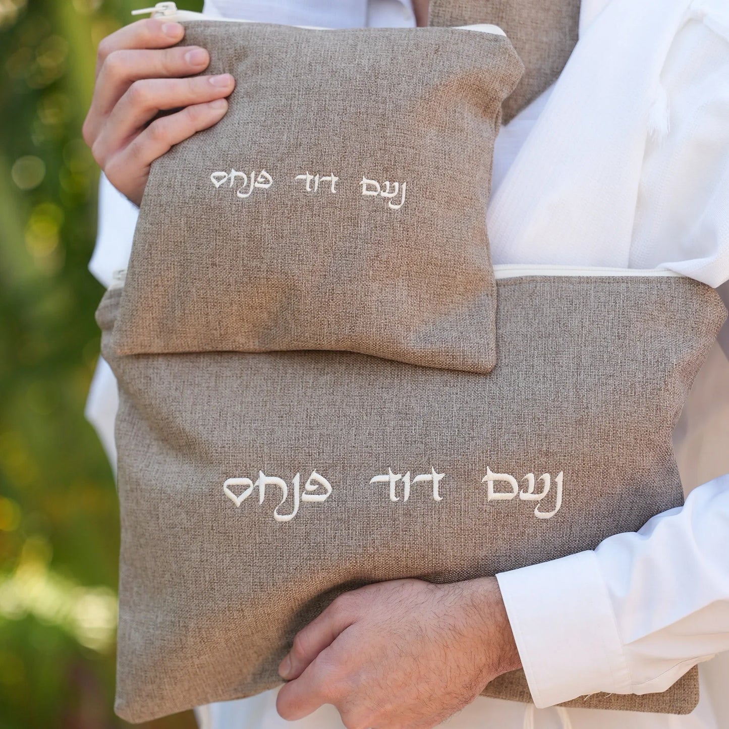 מארז לחתן פשתן חום כיסויים וטלית צמר Premium