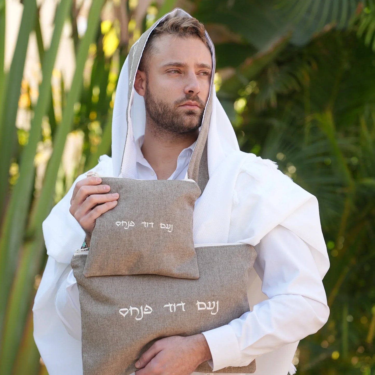 מארז לחתן פשתן חום כיסויים וטלית צמר Premium