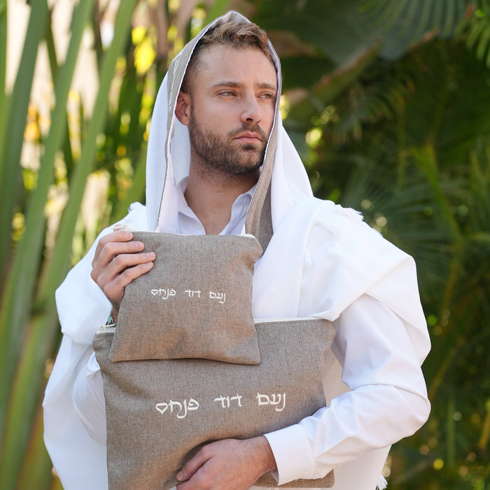 מארז לחתן פשתן חום כיסויים וטלית צמר Premium