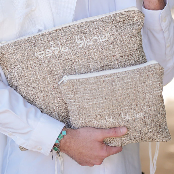 מארז לחתן פשתן חום כיסויים וטלית צמר Premium