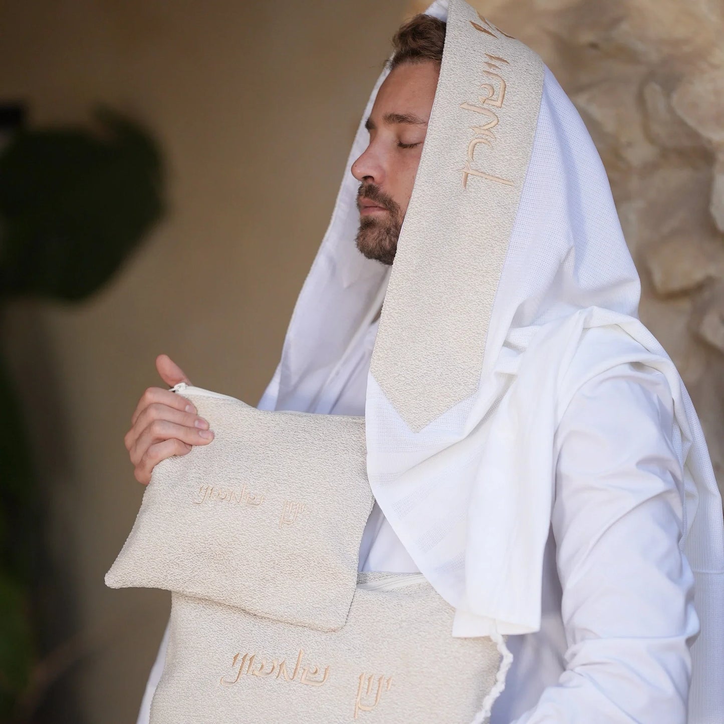 מארז לחתן פשתן בז כיסויים וטלית צמר Premium