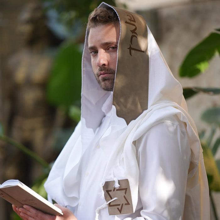 טלית צמר Premium | דגם יברכך חום דמוי עור בחיתוך לייזר