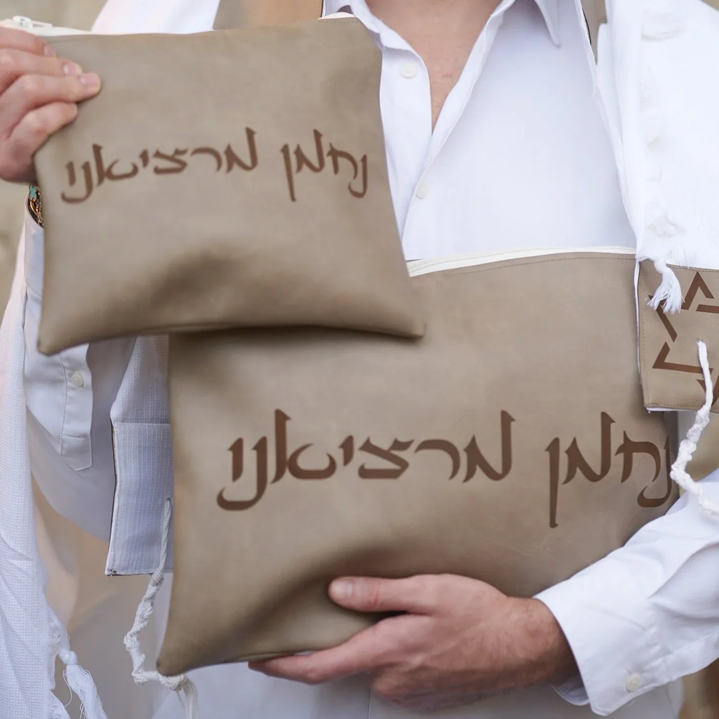 מארז לחתן יברכך דמוי עור חום כיסויים וטלית צמר Premium