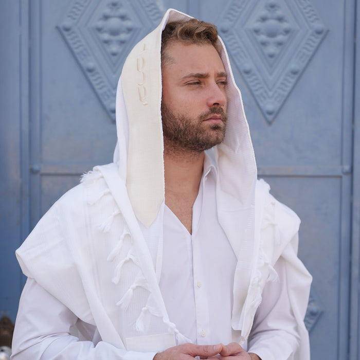 מארז לחתן פשתן בז בהיר כיסויים וטלית צמר Premium