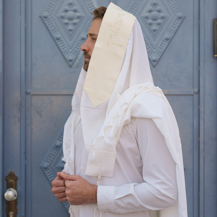 מארז לחתן פשתן בז בהיר כיסויים וטלית צמר Premium