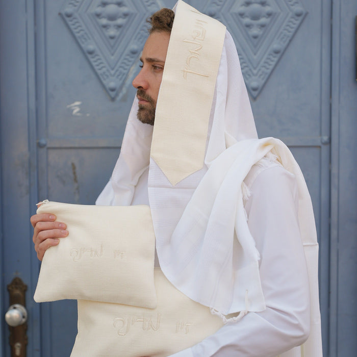 מארז לחתן פשתן בז בהיר כיסויים וטלית צמר Premium