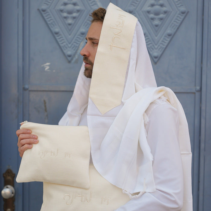 מארז לחתן פשתן בז בהיר כיסויים וטלית צמר Premium