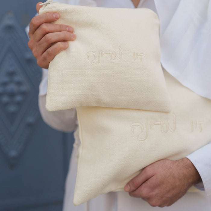 מארז לחתן פשתן בז בהיר כיסויים וטלית צמר Premium