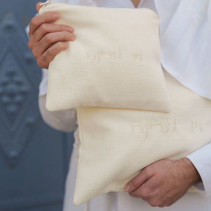 סט כיסויים לטלית ולתפילין יוקרתי פשתן בז בהיר