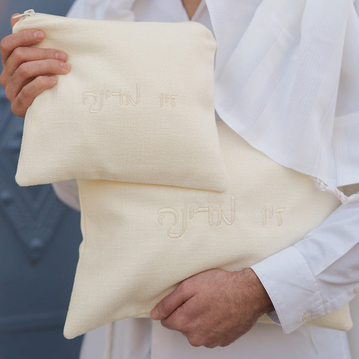 מארז לחתן פשתן בז בהיר כיסויים וטלית צמר Premium