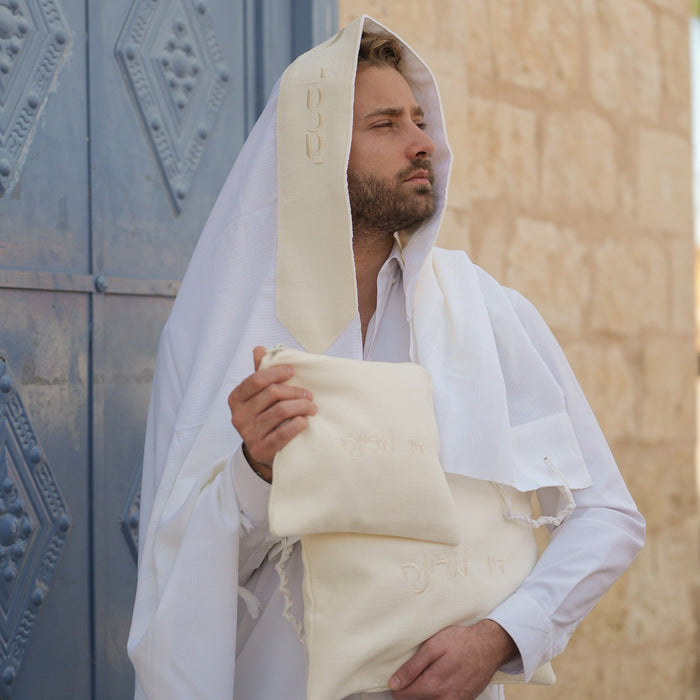 מארז לחתן פשתן בז בהיר כיסויים וטלית צמר Premium