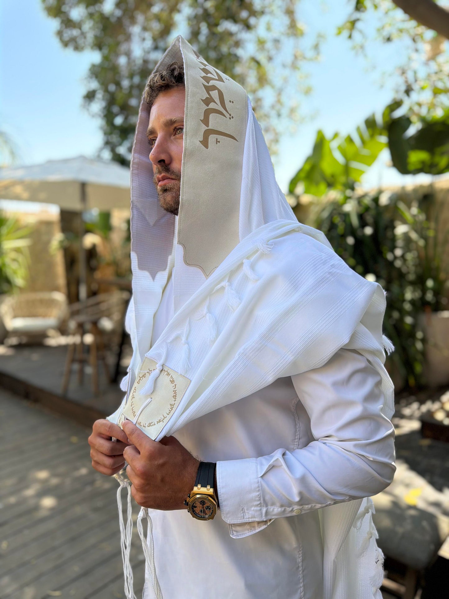 טלית צמר Premium | דגם יברכך בז קטיפה בחיתוך לייזר