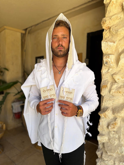 טלית צמר Premium | דגם מזמור לתודה בז' קטיפה בחיתוך לייזר