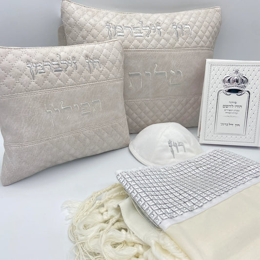 מארז לחתן צבע אבן עם טלית צמר אבנים סידור וכיפה