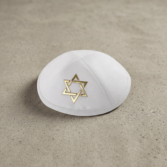 כיפה קטיפה מגן דוד | לבן זהב